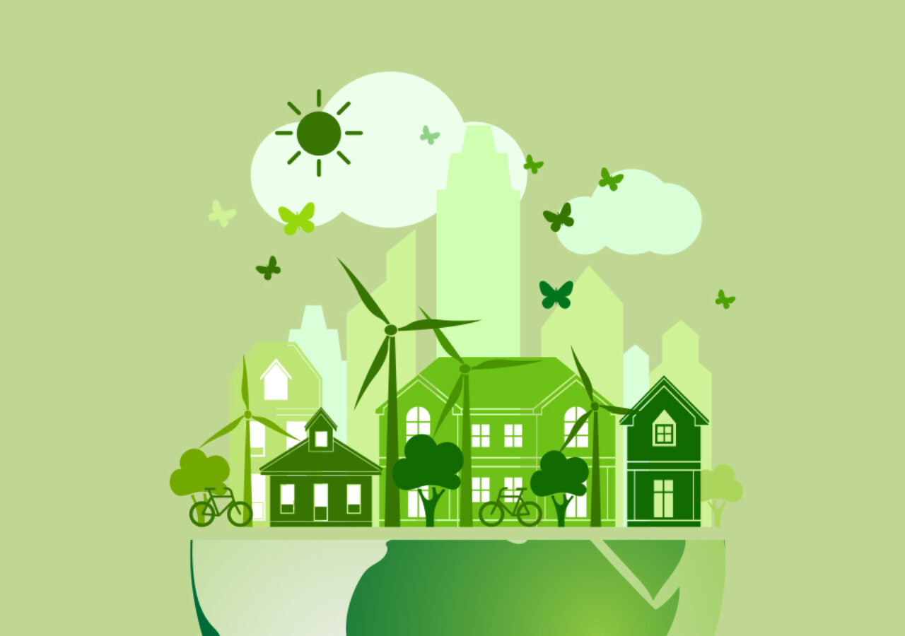 graphic illustration of a neighborhood with windpower