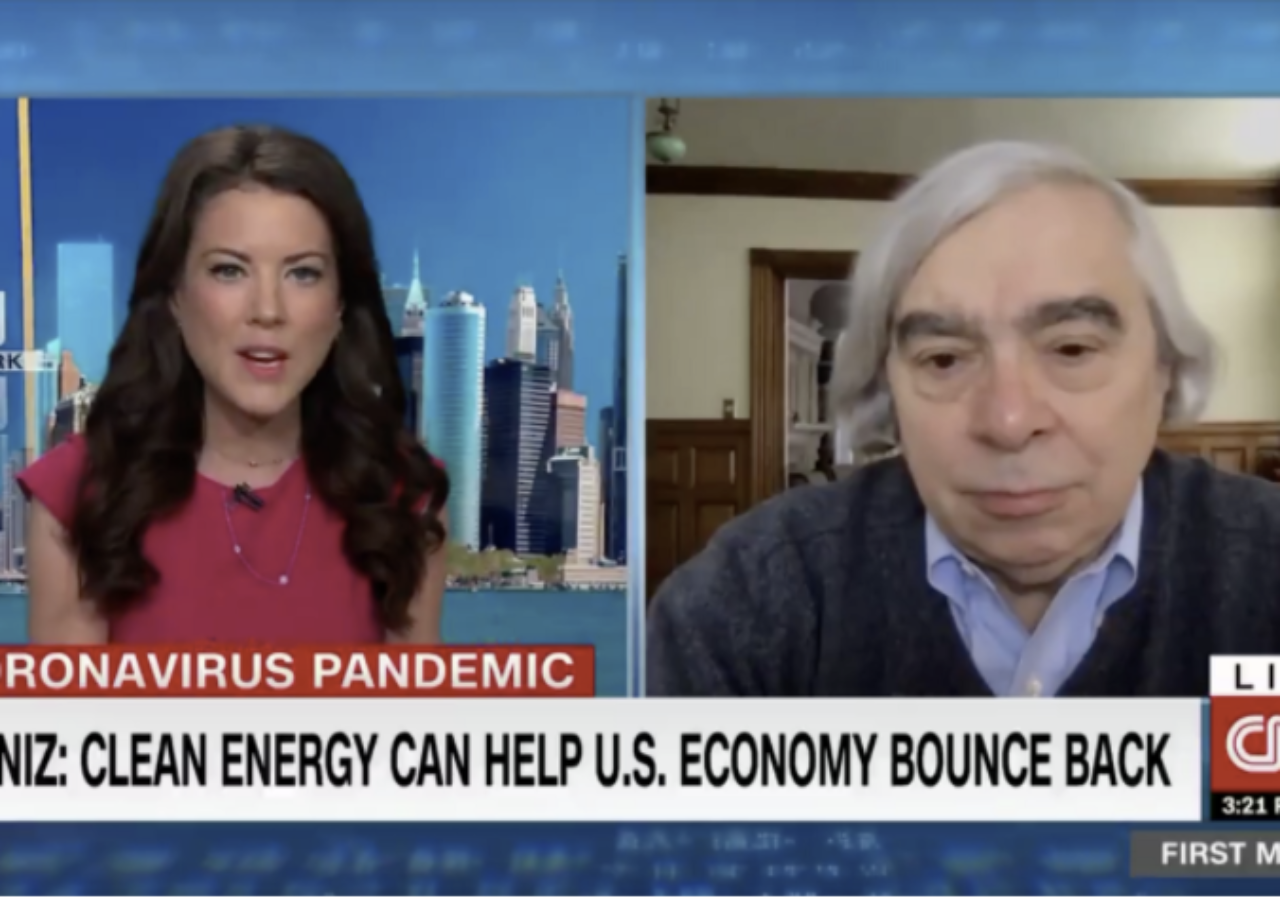 Screen capture of Moniz on CNN discussing that clean energy can help the U.S. economy bounce back from the pandemic.