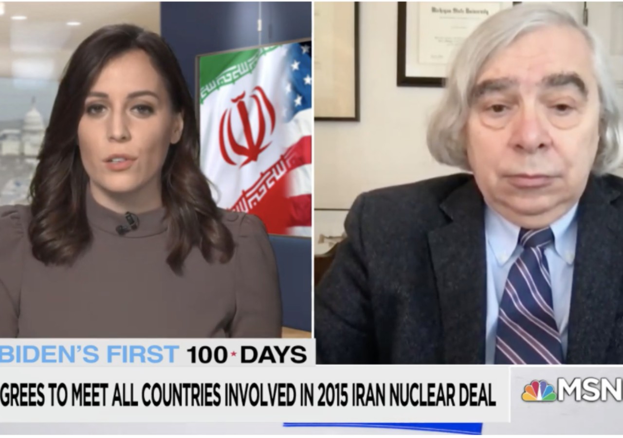 Screen capture of Ernest Moniz on MSNBC with Hallie Jackson to discuss the Biden administration’s formal offer to restart nuclear talks with Iran.