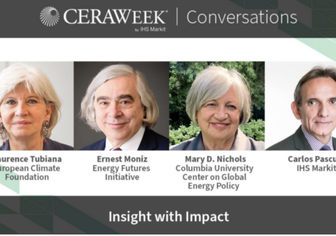 Graphic for CERAWeek Conversations with photos of (left to right) Laurence Tubiana, Ernest Moniz, Carlos Pascual