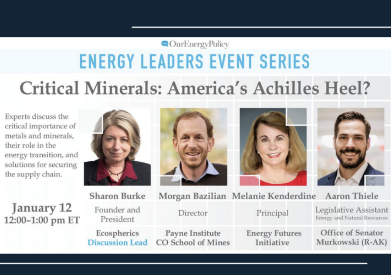 Energy Leaders Even Series - Critical Minerals: America's Achilles Heel? Photo of (left to right) Sharon Burke, Morgan Bazilian, Melanie Kenderdine, and Aaron Thiele