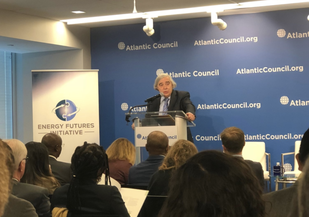Screenshot of Ernest Moniz speaking at a launch event hosted by Atlantic Council’s Global Energy Center in Washington, DC