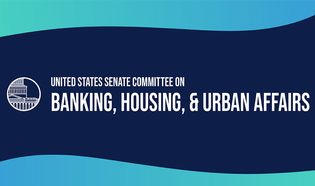 U.S. Senate Committee on Banking, Housing, and Urban Affairs logo on blue background.