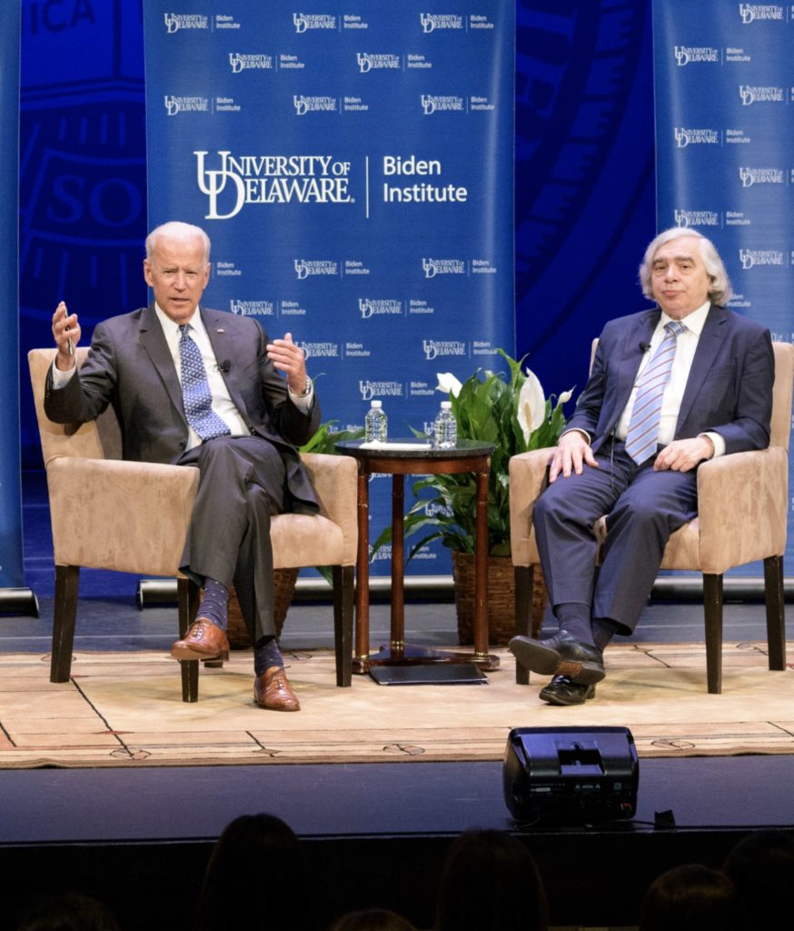 President Biden and Ernst Moniz answer questions at the University of Delaware 