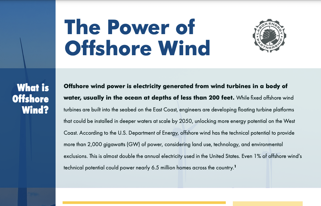 The Power of Offshore Wind. Offshore wind power is electricity generated from wind turbines in a body of water, usually in the ocean at depths of less than 200 feet.