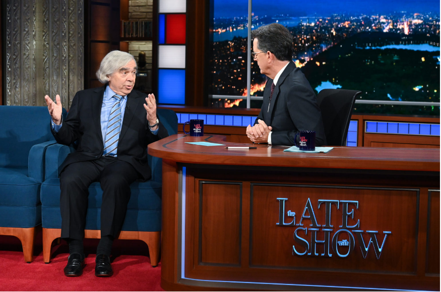 Image of Ernest Moniz with Stephen Colbert on the Late Show