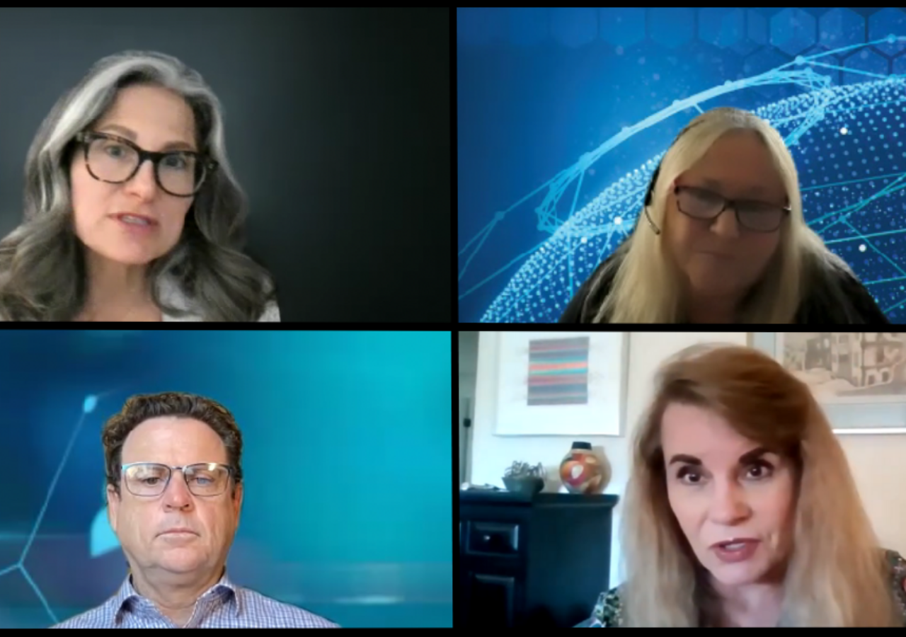 Video capture of Energy Futures Initiative Principal Melanie Kenderdine (bottom right), New Energy Nexus CEO Danny Kennedy (bottom left), Sheppard Mullin Partner Gail Suchman (top right), and World Resources Institute Director of U.S.-International Engagement Melissa Barbanell (top left).
