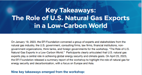Key Takeaways: The Role of U.S. Natural Gas Exports in a Low-Carbon World On January 19, 2023, The EFI Foundation convened a group of experts and stakeholders from the natural gas industry, the U.S. government, consulting firms, law firms, financial institutions, non government organizations, think tanks, and foreign governments for the workshop, 