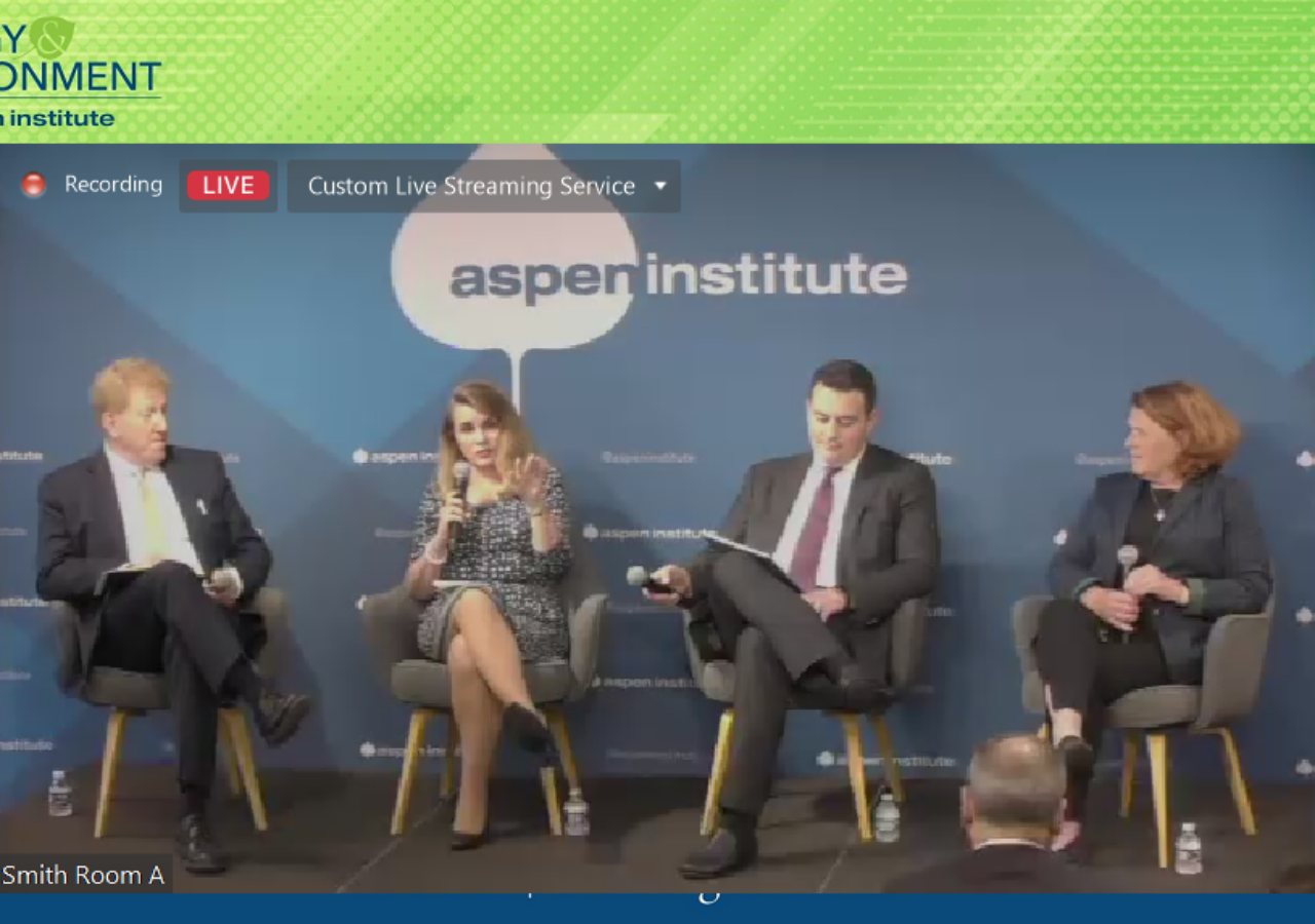 Screenshot of an Aspen Institute Live Stream including Robert Johnson, Melanie Kenderdine, Rich Powell and Heidi Heitkamp.