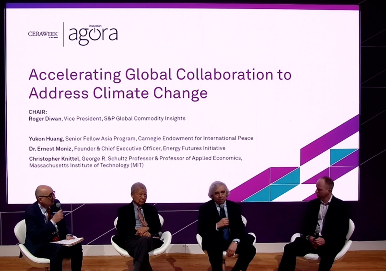 Ernest Moniz (second from the right) on a panel at CERAWeek 2023 sitting with other panelists.
