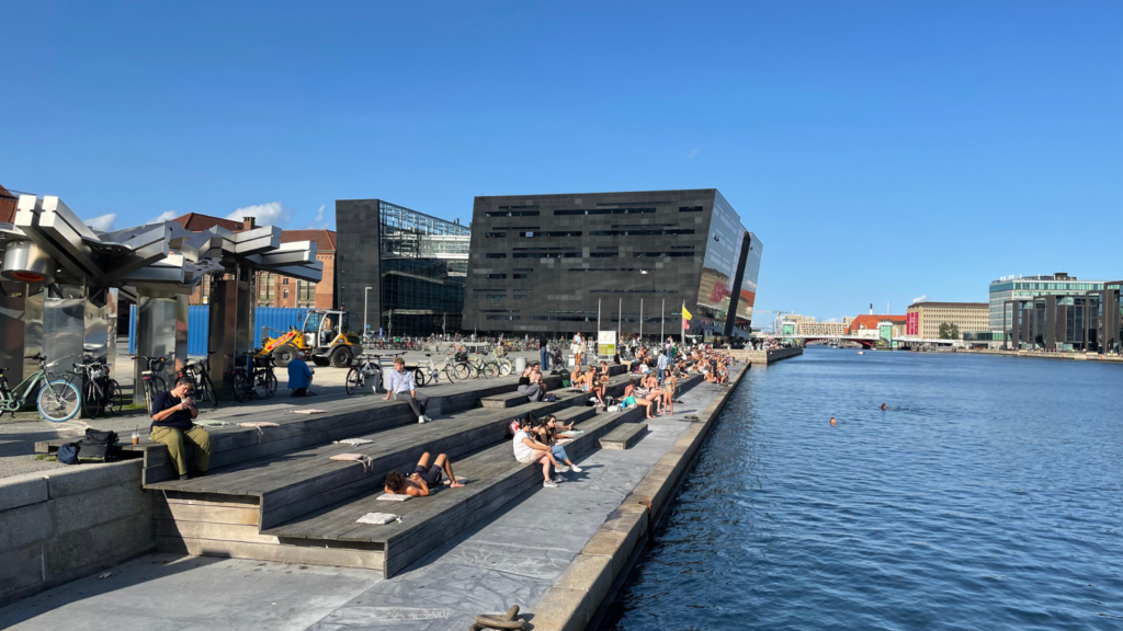 Some locals sit near the Copenhagen harbor waterfront while others swim.