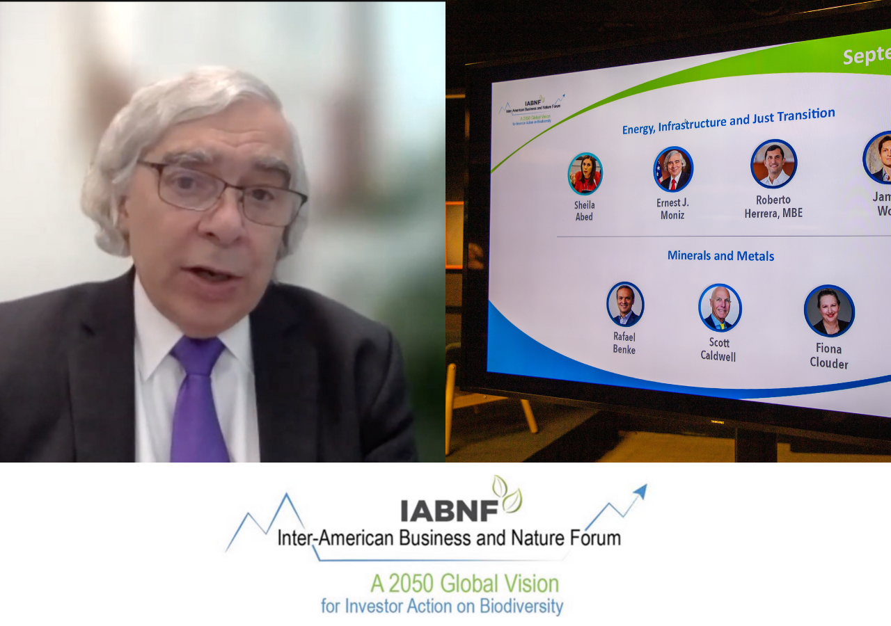 Moniz (left) giving remarks virtually at the Inter-American Business and Nature Forum: A 2050 Global Vision for Investor Action on Biodiversity.