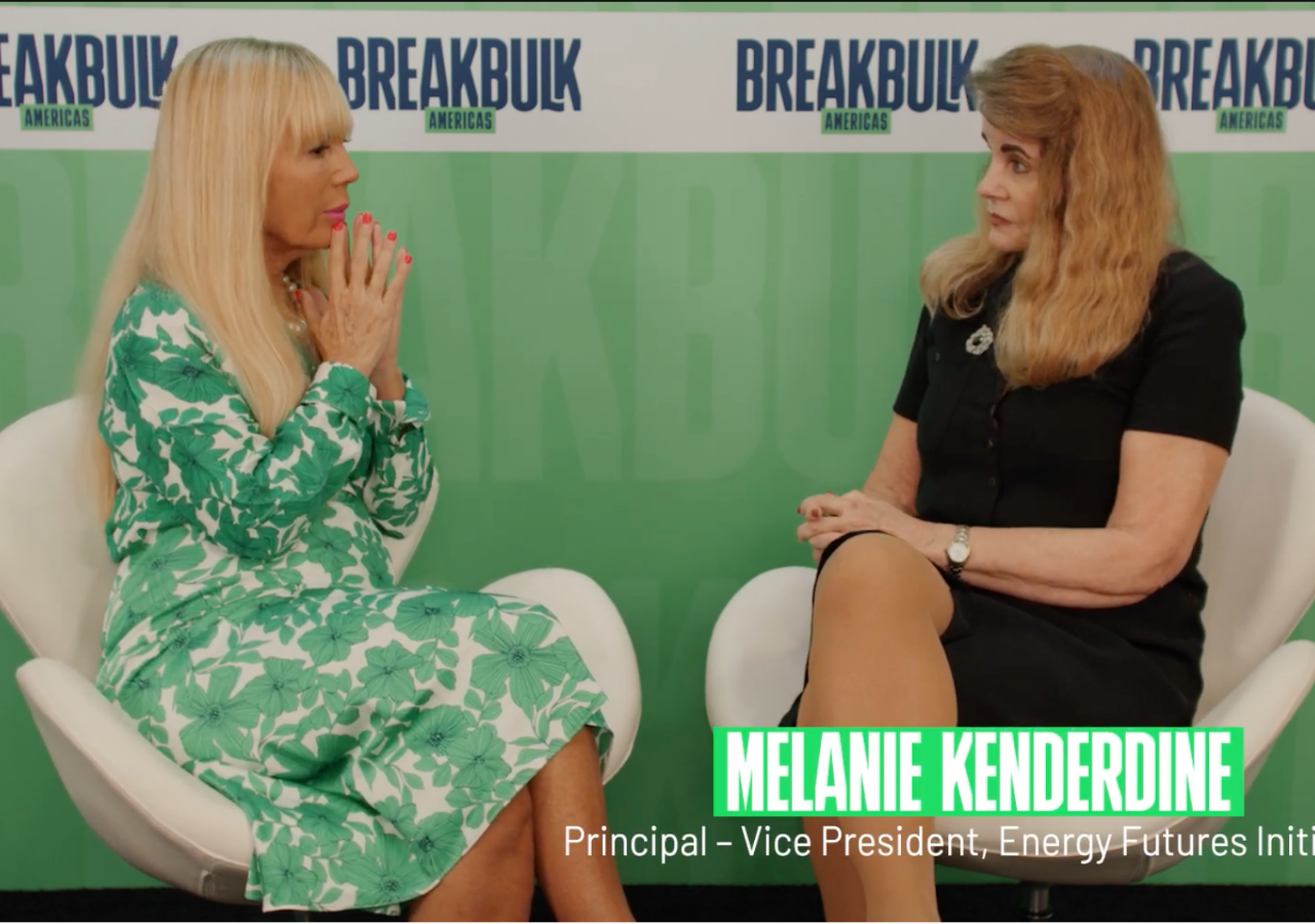 Melanie Kenderdine (right) sits facing interviewer at Breakbulk Americas 2023.