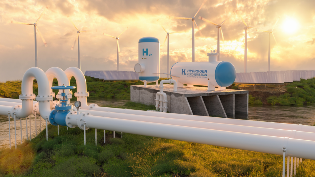 Hydrogen pipelines in front of wind turbines and solar panels.  