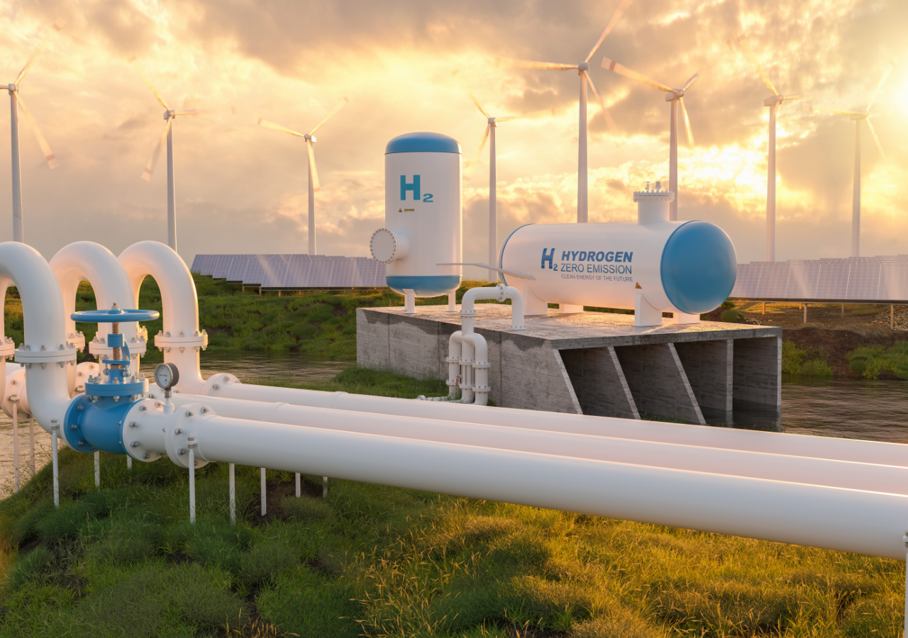Hydrogen pipelines in front of wind turbines and solar panels.