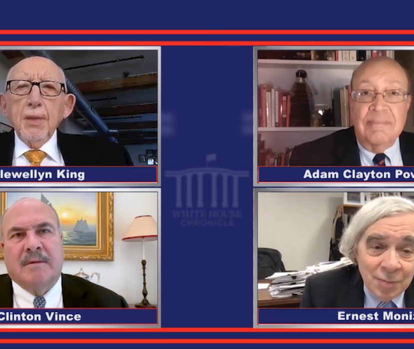 Top left to bottom right: Llewellyn King (White House Chronicle); Adam Clayton Powell III (White House Chronicle); Clinton Vince (Dentons); and Ernest Moniz (EFI Foundation) discuss the Hydrogen Demand Initiative on the PBS show White House Chronicle.