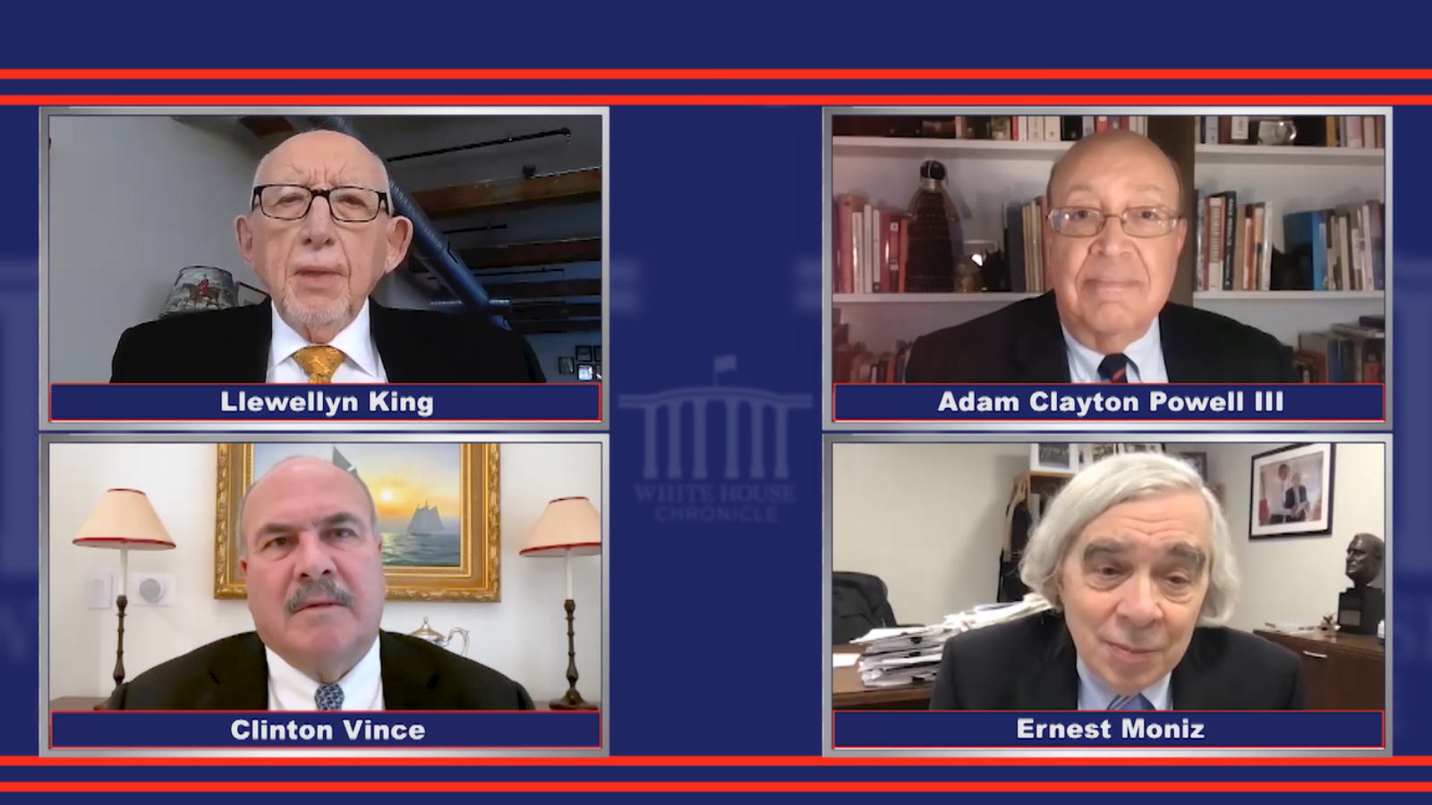 Top left to bottom right: Llewellyn King (White House Chronicle); Adam Clayton Powell III (White House Chronicle); Clinton Vince (Dentons); and Ernest Moniz (EFI Foundation) discuss the Hydrogen Demand Initiative on the PBS show White House Chronicle.