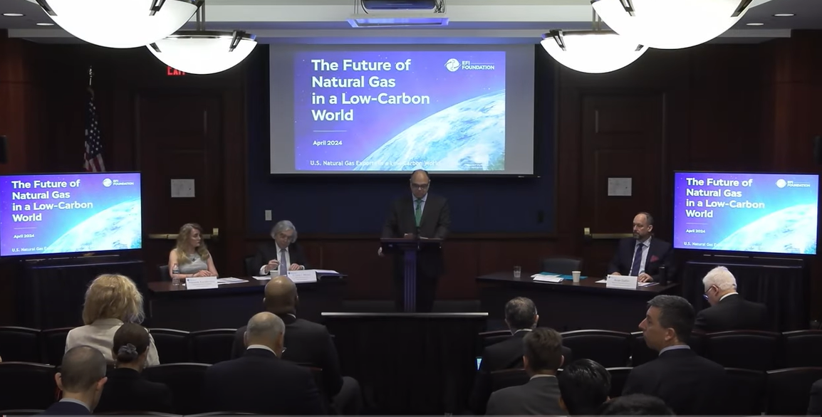 (Left to right): Melanie Kenderdine, Ernest Moniz, David Ellis, and Brian DaRin during the introduction for the April 2024 EFI Foundation event, 